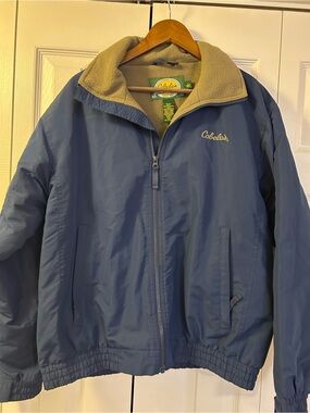 Cabela’s Navy Bomber Jacket with Tan Sherpa Collar size L